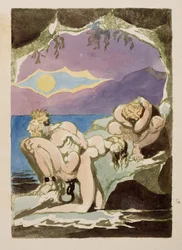 Figuren auf Felsen, über ihnen erscheint eine Sonne in einer Wolkenlücke, aus Visions of the Daughters of Albion
